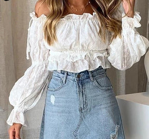 Off the shoulder Vintage White Embroidery Crop Tops