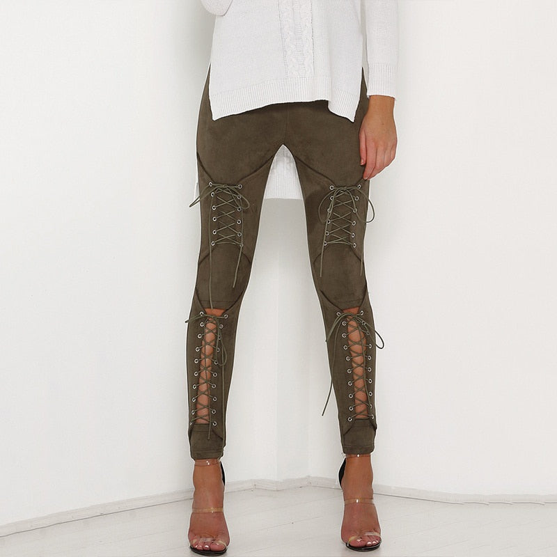 Suede Leather Lace Up Pencil Pants