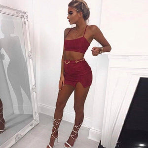 Suede Vest Bandage Crop Top 2 Piece Set