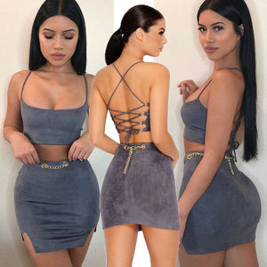 Suede Vest Bandage Crop Top 2 Piece Set