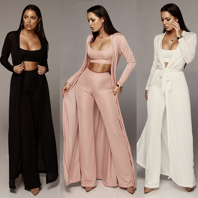 Long Cloak Coat Crop Top  Pants Knitted 3 piece set