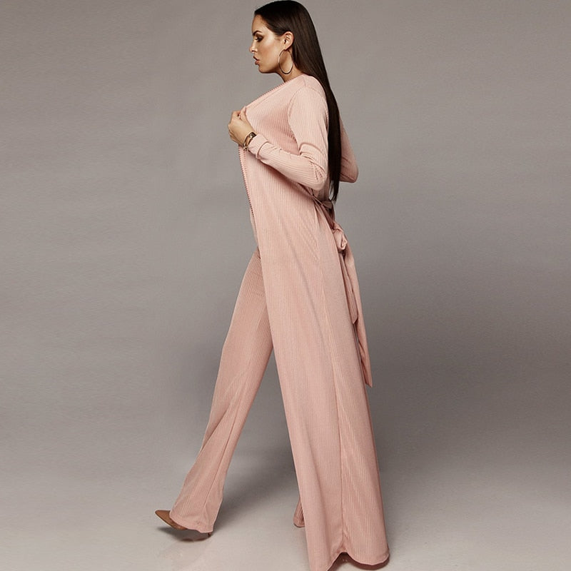 Long Cloak Coat Crop Top  Pants Knitted 3 piece set