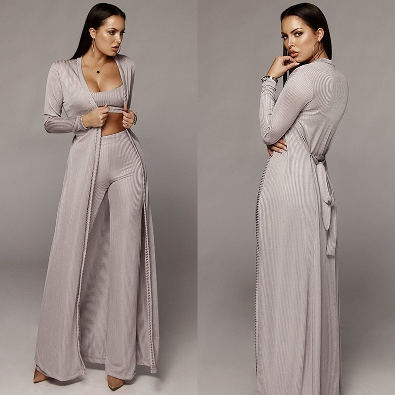 Long Cloak Coat Crop Top  Pants Knitted 3 piece set