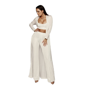 Long Cloak Coat Crop Top  Pants Knitted 3 piece set