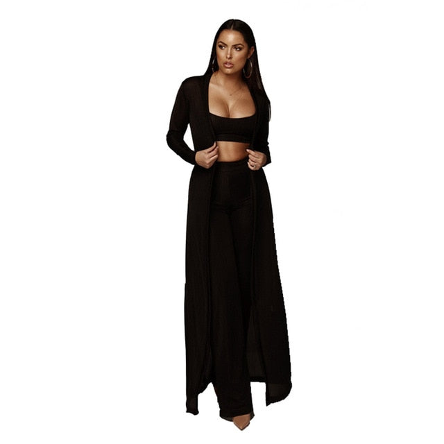 Long Cloak Coat Crop Top  Pants Knitted 3 piece set